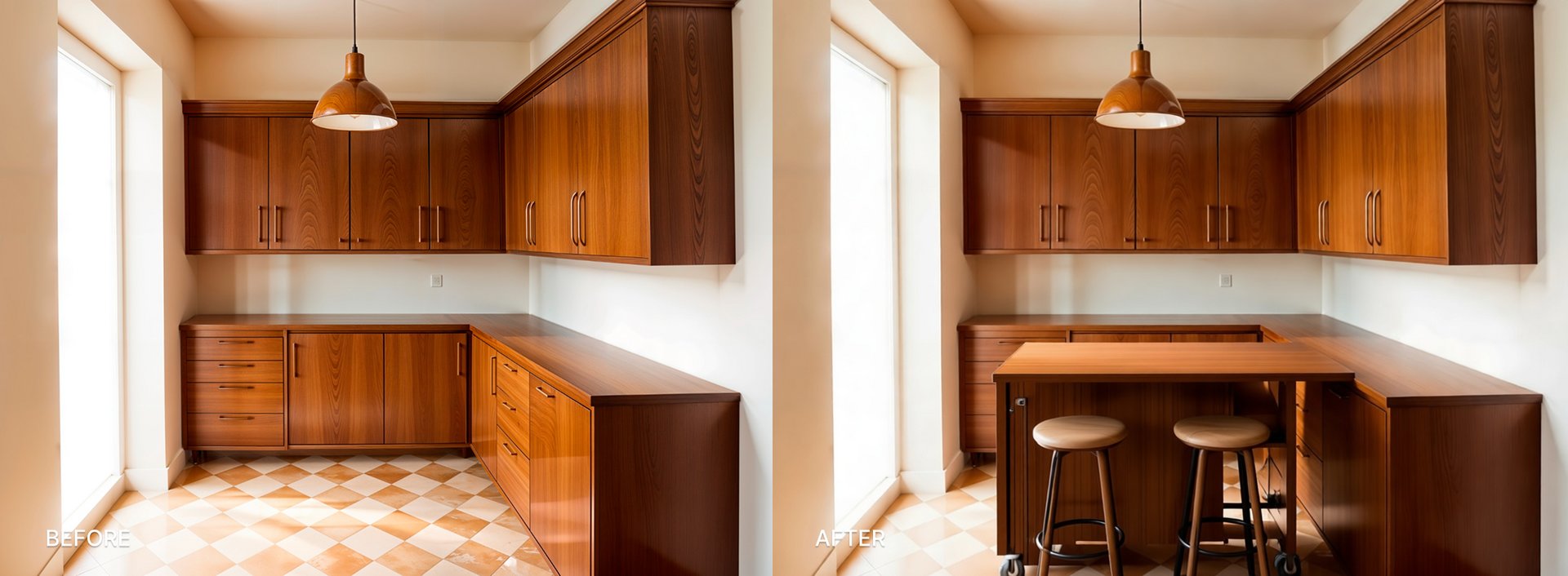 BEFORE: a small L-shaped kitchen with limited counter space and no island. AFTER: the same kitchen with a slim rolling island added, matching the lower cabinet color, with one side offering two bar stool positions. AI-generated with DecorAI