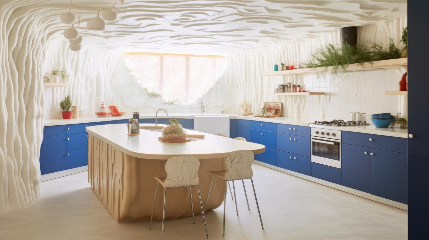 AI-generated: Open-plan kitchen with a large two-tone island, dark navy base, white quartz waterfall countertop