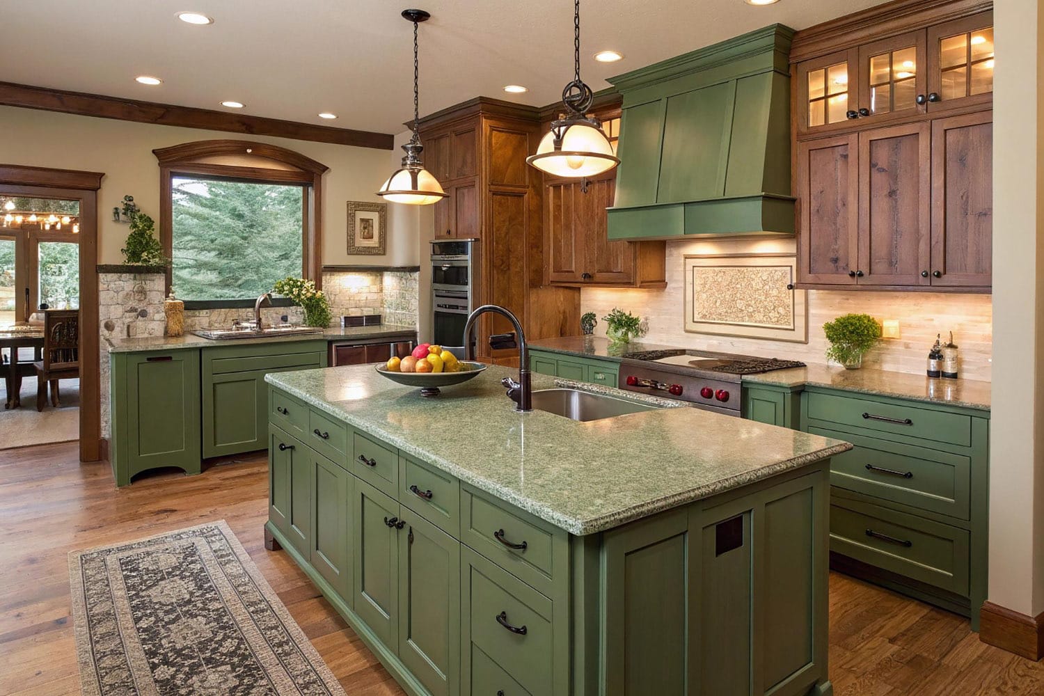 AI-generated: a kitchen with a warm cream perimeter, a sage green island as the single color accent, natural oak flooring, and white quartz countertops