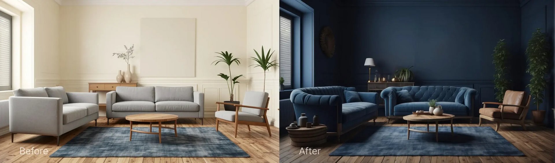 Before and after AI living room redesign showing a plain neutral room transformed into a dark navy Moody style with blue velvet sofa