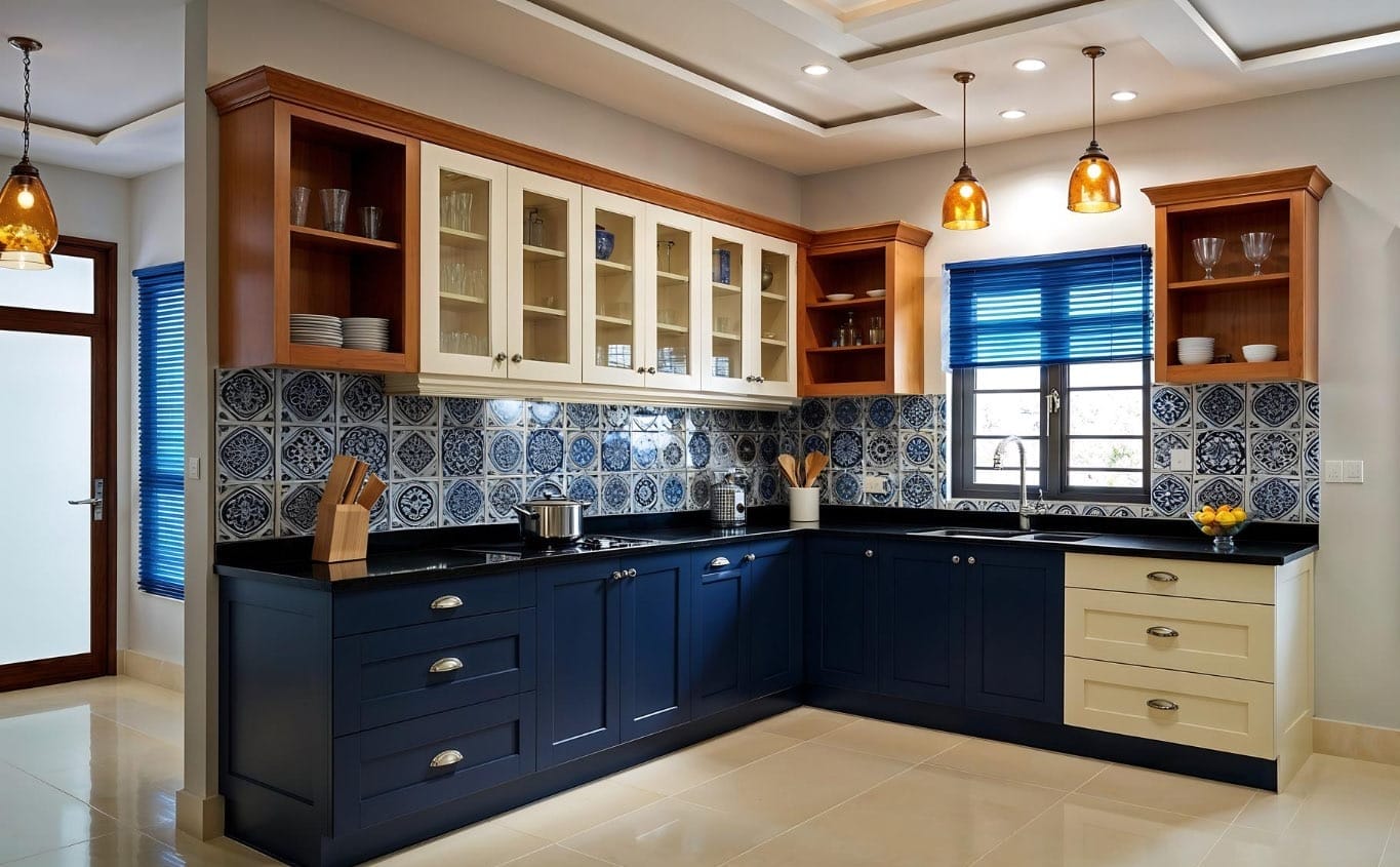 AI-generated: Galley kitchen with tiled walls on one side, navy lower cabinets on the other, open shelving, and windows