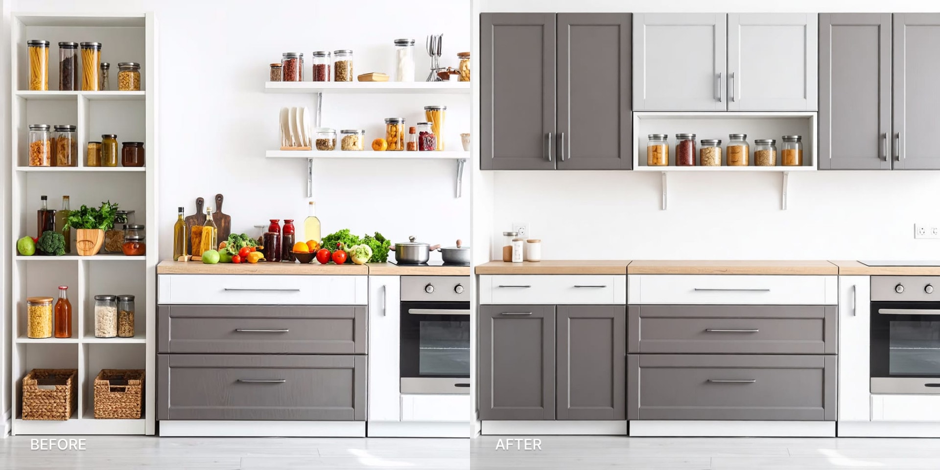 Before: small kitchen with open shelving across all upper cabinet positions, crowded with mismatched items. AFTER: the same kitchen with closed upper cabinets on two-thirds of the wall and a single styled open shelf section in the center. AI-generated with DecorAI