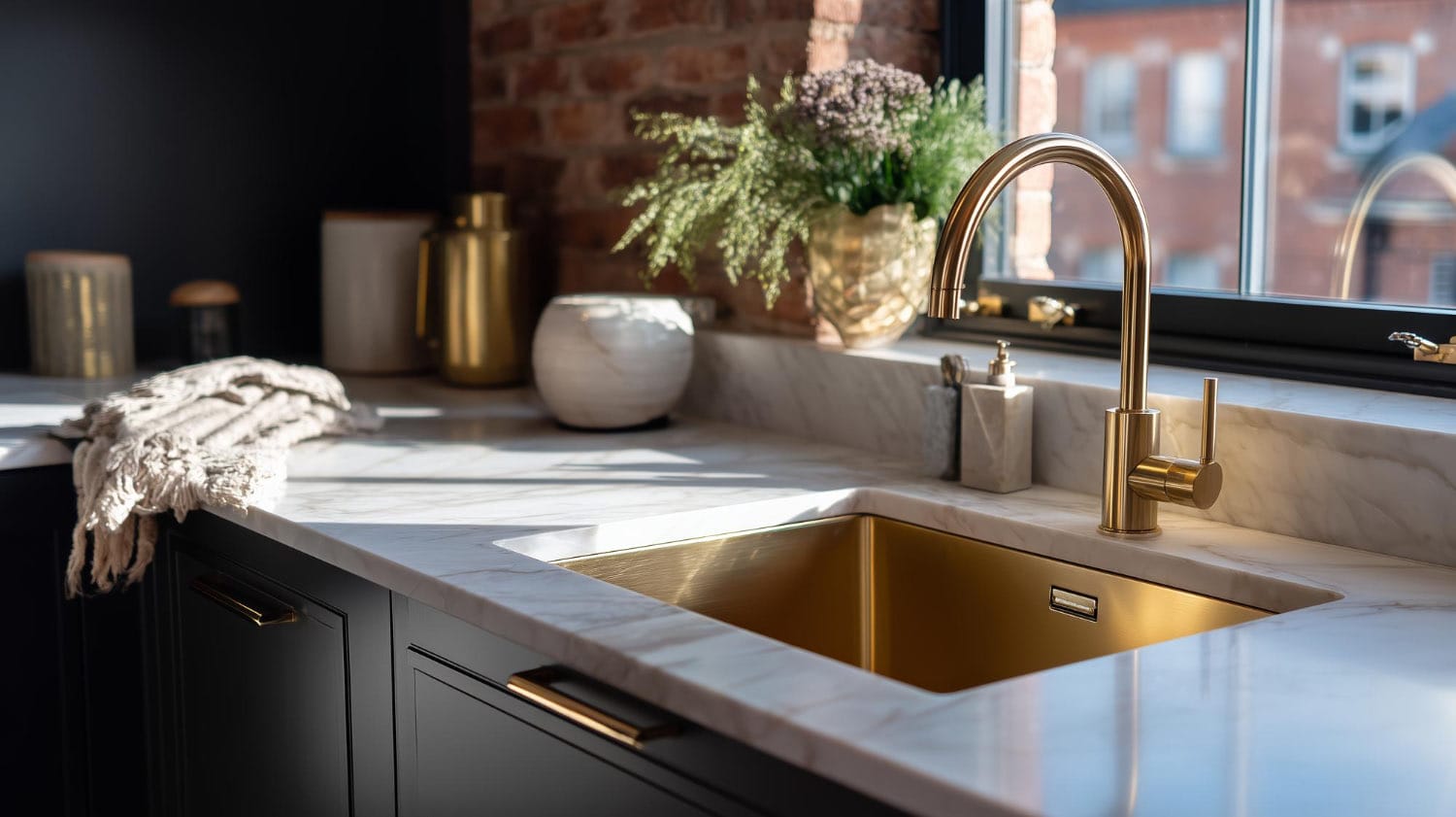 AI-generated: a kitchen detail showing a brushed brass tap, undermount sink, and Shaker cabinet