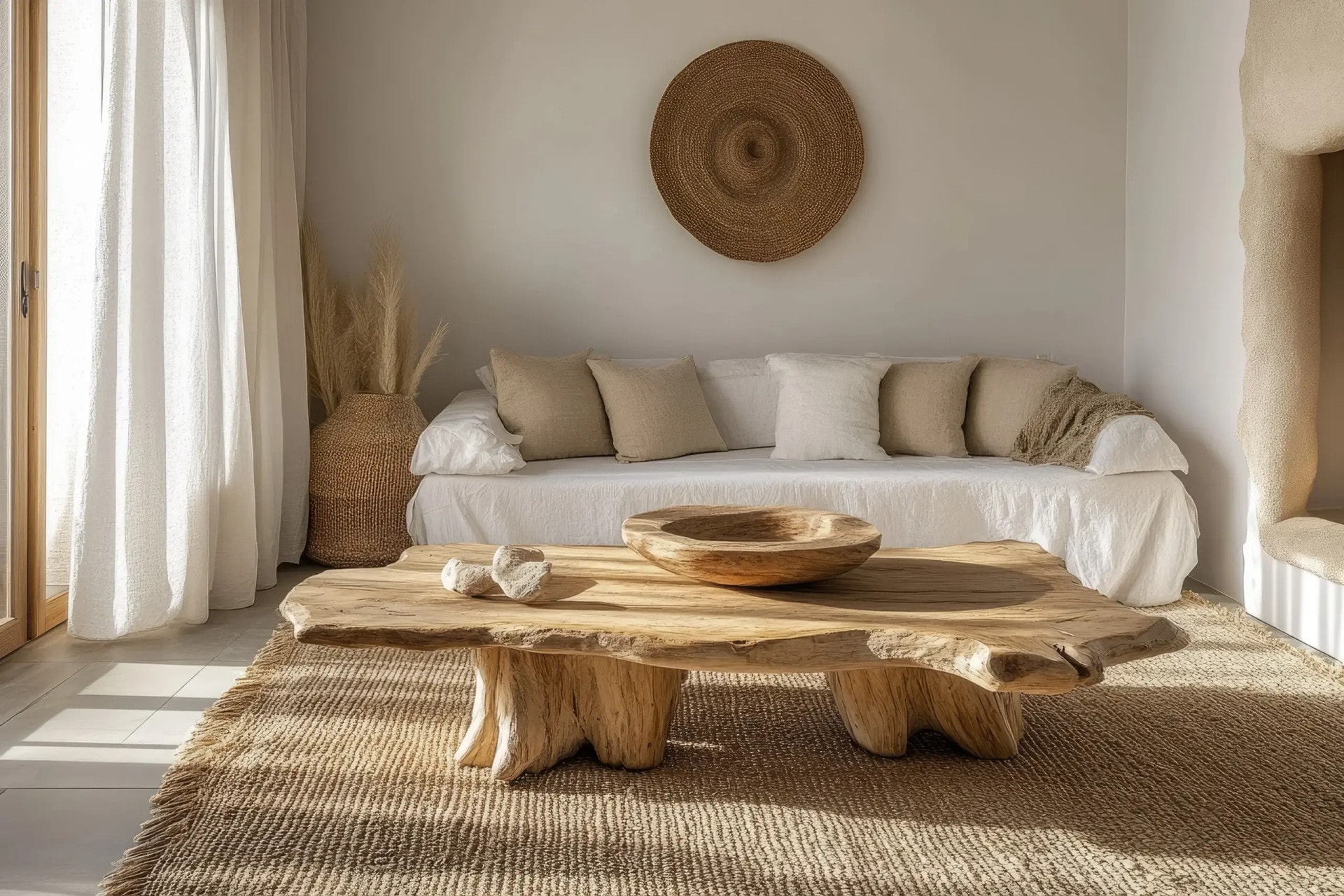 AI-generated Organic Modern living room with live-edge wood coffee table, white linen sofa, and natural textures