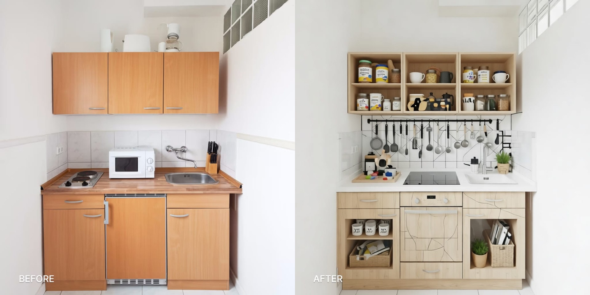 Before: a plain, unstyled small kitchen with no clear aesthetic, mixed hardware, and no visual coherence. AFTER: the same kitchen redesigned in a Japandi direction: light wood flat-panel cabinets, a warm terracotta backsplash tile, matte black hardware, and a clean quartz countertop. AI-generated with DecorAI