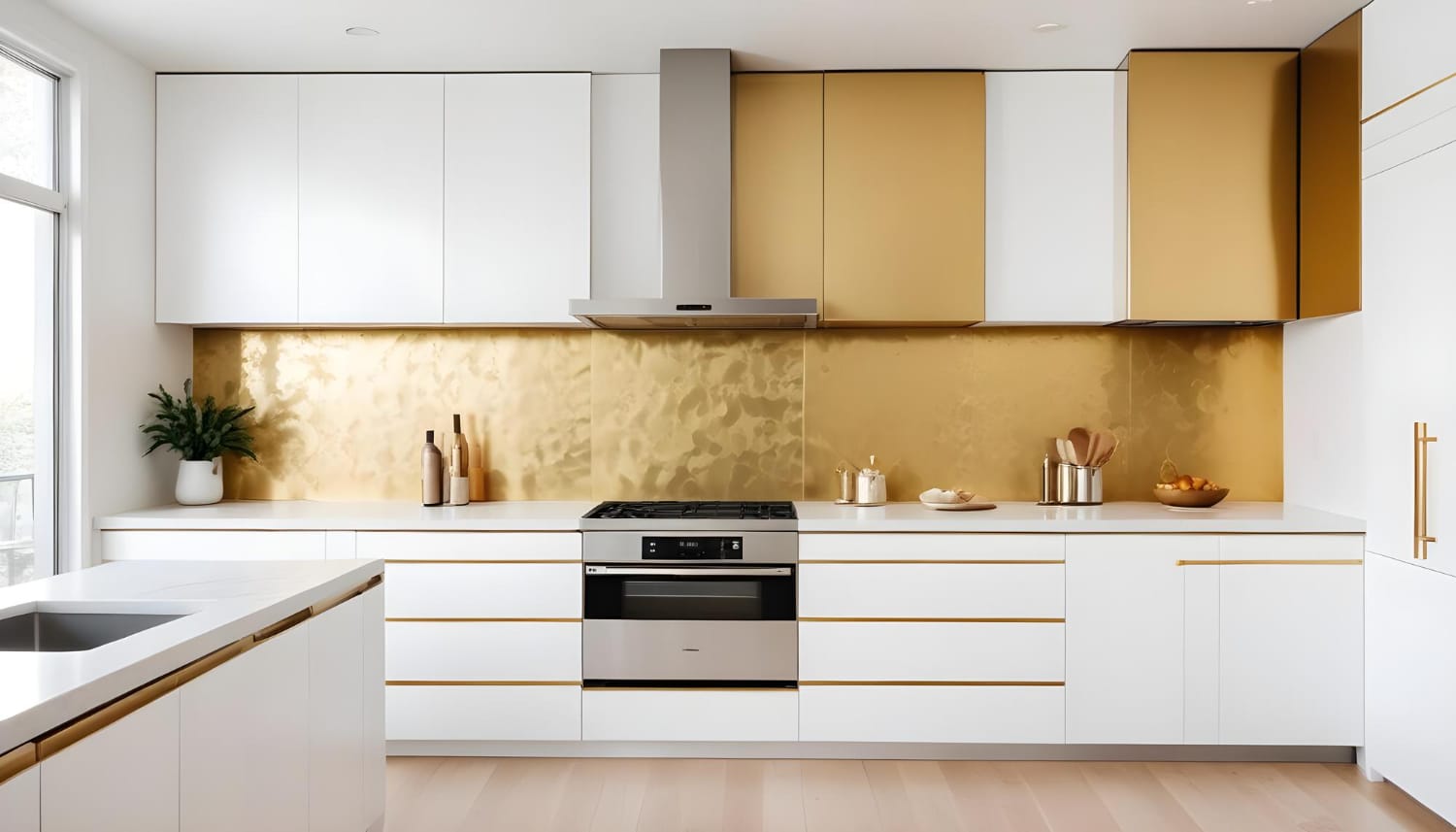 AI-designed kitchen detail shot showing flat-panel cabinets in warm off-white, an integrated appliance panel, and a quartz countertop edge