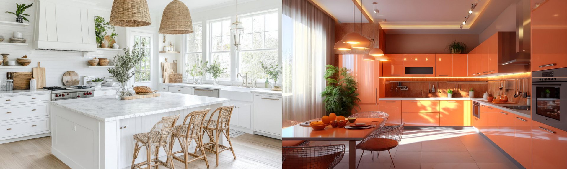 A cold all-white modern kitchen on the left and a warm modern kitchen with peach fuzz accent
