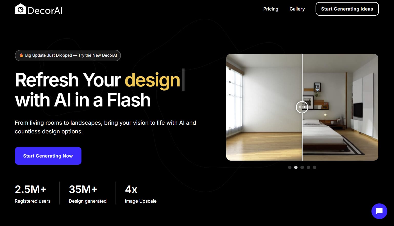 AI Interior Design Tools - landing page of DecorAI showing a navbar with menu and CTA. Hero section on a dark background with a heading and subheading alongside before and after image slider.