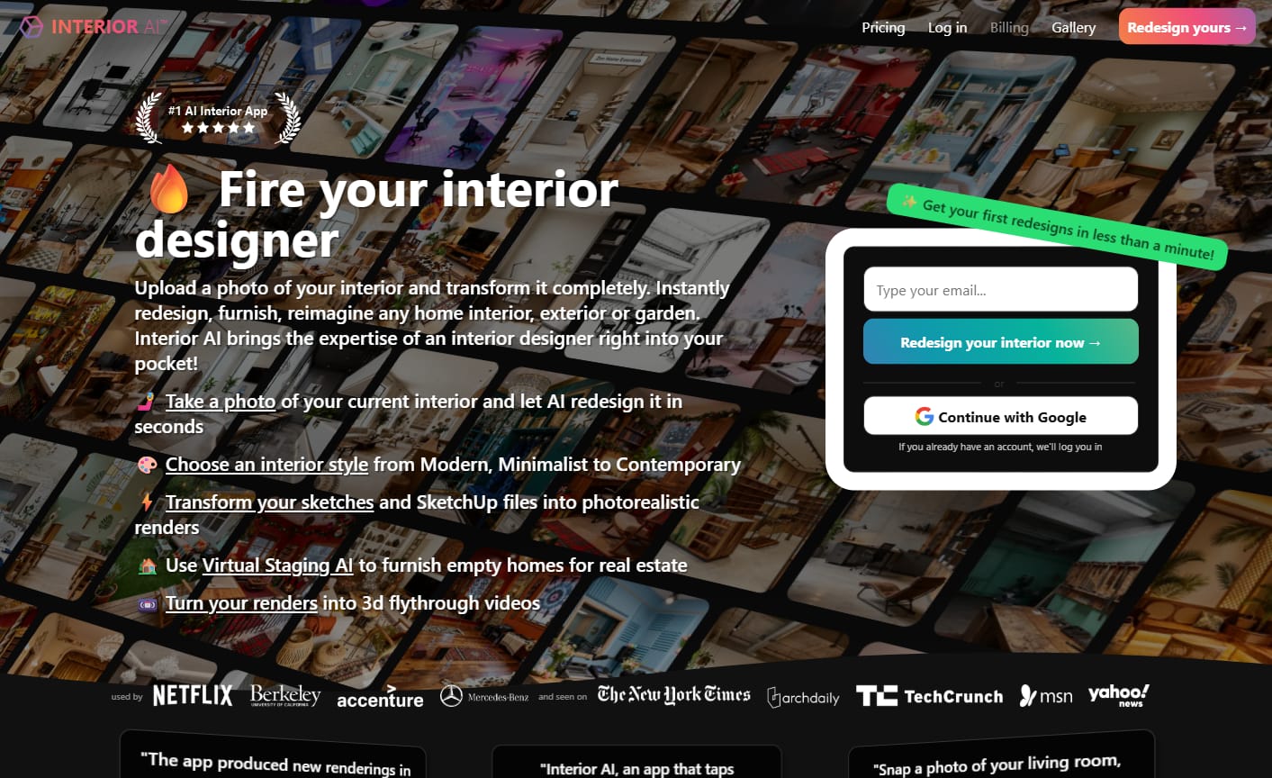 InteriorAI landing page screenshot showing navbar, cta buttons, hero section with tool guide, registration form, different company logos