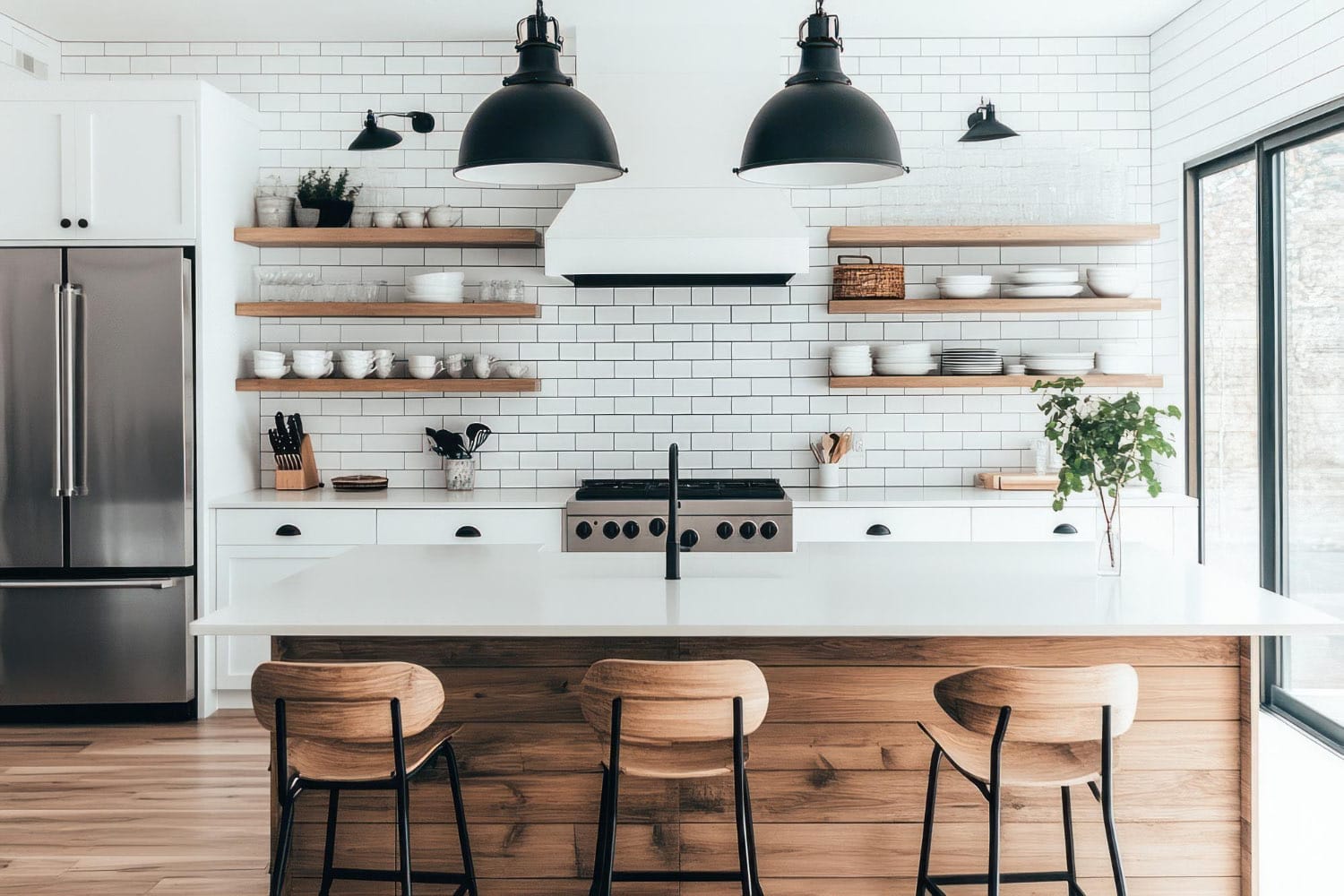 AI-generated: a kitchen materials detail shot showing three surfaces layered together: a natural stone countertop edge, a handmade subway tile backsplash section, and a warm oak floor visible at the base, with natural light showing the texture of each material clearly