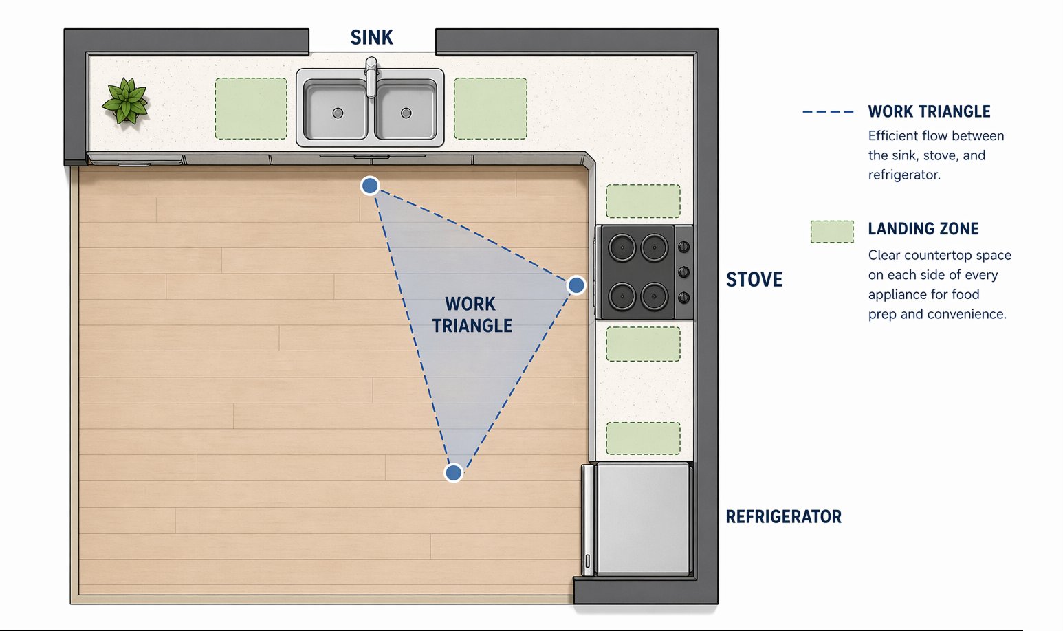 Overhead kitchen plan diagram showing the work triangle correctly configured in an L-shaped kitchen, with the sink, stove, and refrigerator labeled and the triangle highlighted