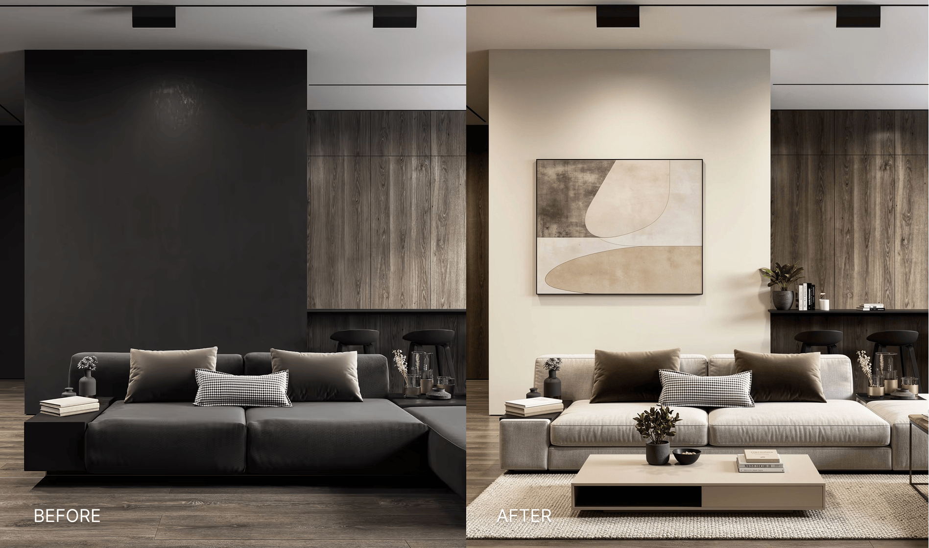 Before and after living room transformation showing dark minimalist setup upgraded to a brighter modern space with neutral tones and decor. AI transformed using DecorAI