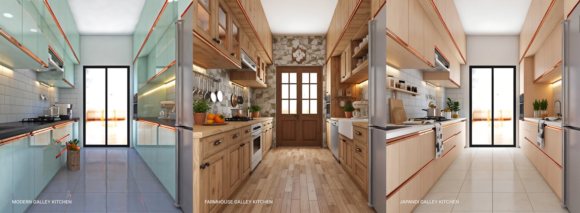 A three-panel comparison showing the same small galley kitchen in three styles- farmhouse, modern, and Japandi. AI-generated with DecorAI