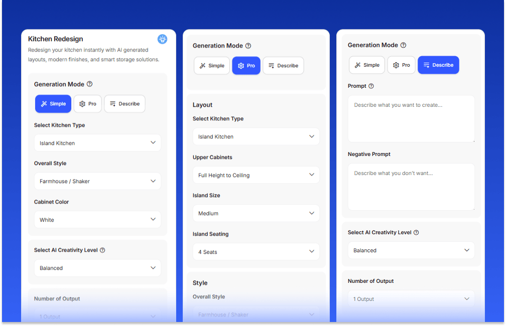 3 UI screenshots of DecorAI's Kitchen Redesign Tool showing 3 generation modes and their selectable attributes