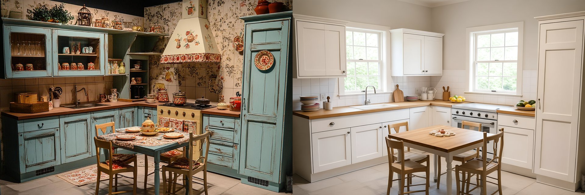 AI-generated: a kitchen that looks specific to a single era (heavy distressed wood, themed hardware, loud backsplash) next to a clean Shaker kitchen with natural stone that reads as neither old nor new