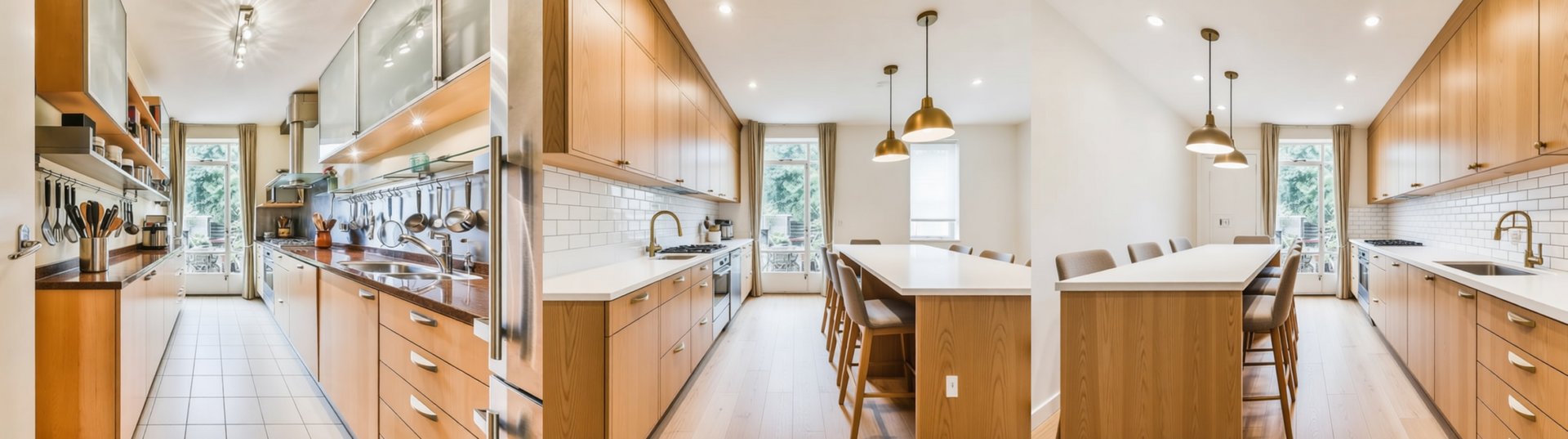 AI-generated: A three-panel comparison showing the same kitchen space redesigned in three classic directions