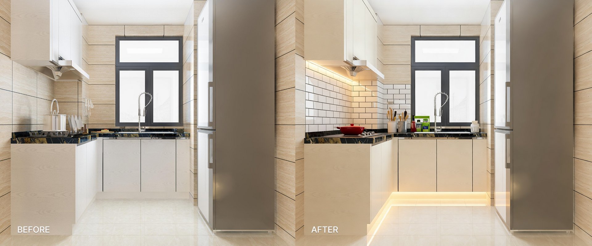 BEFORE: a bright, narrow small kitchen with white-toned cabinets, no under-cabinet lighting, and a matte backsplash. AFTER: the same space with pale cabinets, a reflective subway tile backsplash, and warm under-cabinet LED strips illuminating the counter. AI-generated with DecorAI.