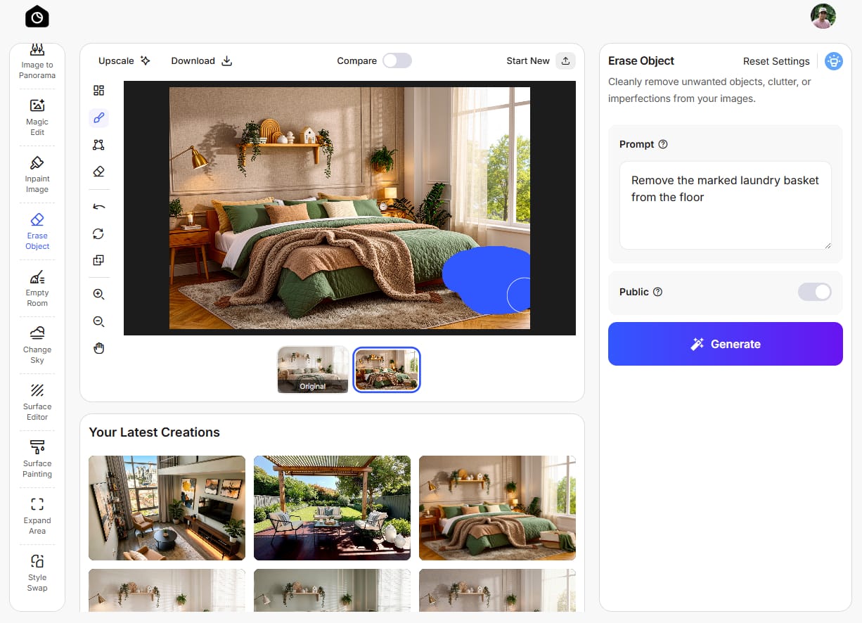 An UI screenshot of DecorAI's Erase Object tool with an image in the center, a gallery of images in the center bottom. Toolbar on the left and prompt text box with a generate button on the right.