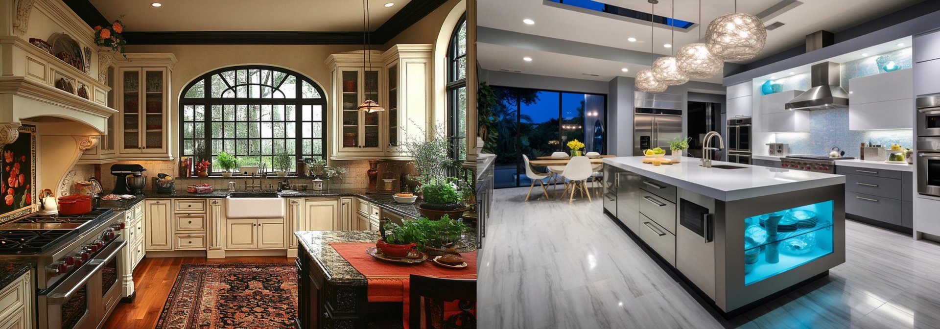 a side-by-side comparison: a traditional ornate kitchen with raised panel cabinets, crown molding and decorative detail on the left, and a clean flat-panel modern kitchen with integrated appliances. Designed with AI