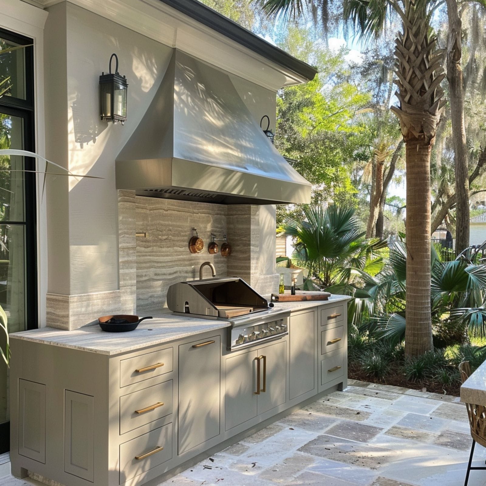 Narrow side yard outdoor kitchen with built-in grill, stainless hood, compact cabinetry, and stone countertop beside a tropical garden