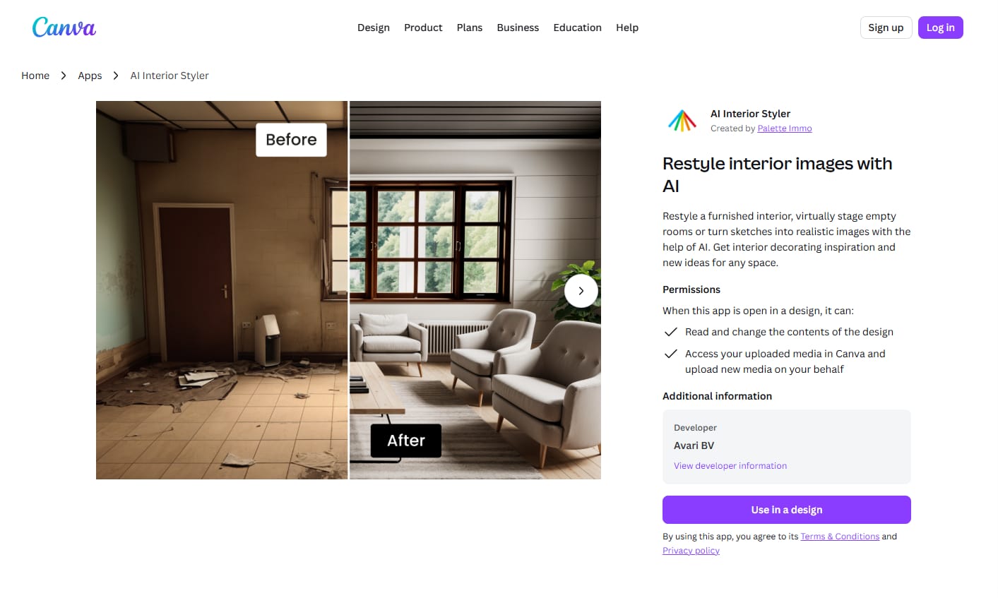 Canva Interior Styler landing page screenshot showing a navbar, breadcrumb, a before and after image, a heading with a paragraph and a cta button under