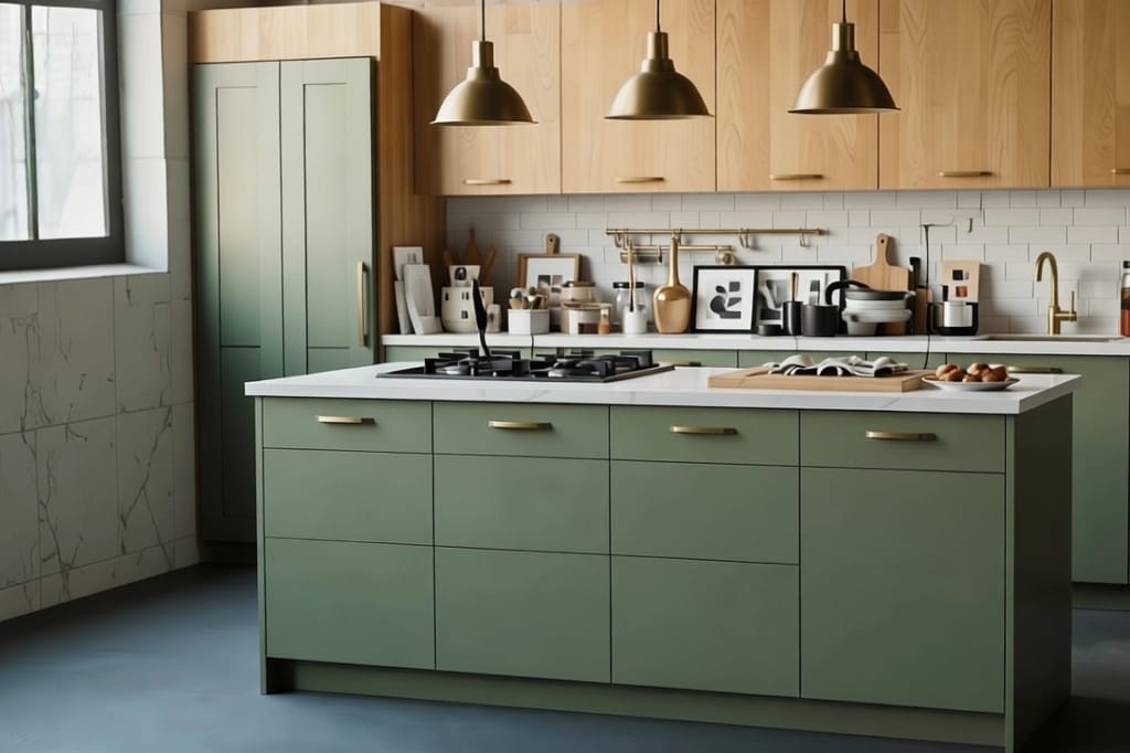 AI Kitchen Design : A shaker kitchen with sage green counter cabinets with marble countertop. Upper cabinets are wooden plain and covered. A tall cabinet on the left beside a window.