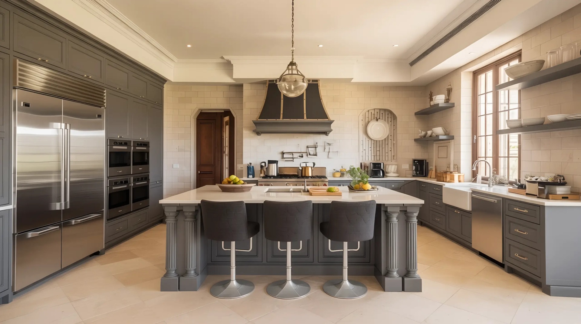 AI-generated open-plan kitchen with a central island, natural light, clear zones for cooking and dining