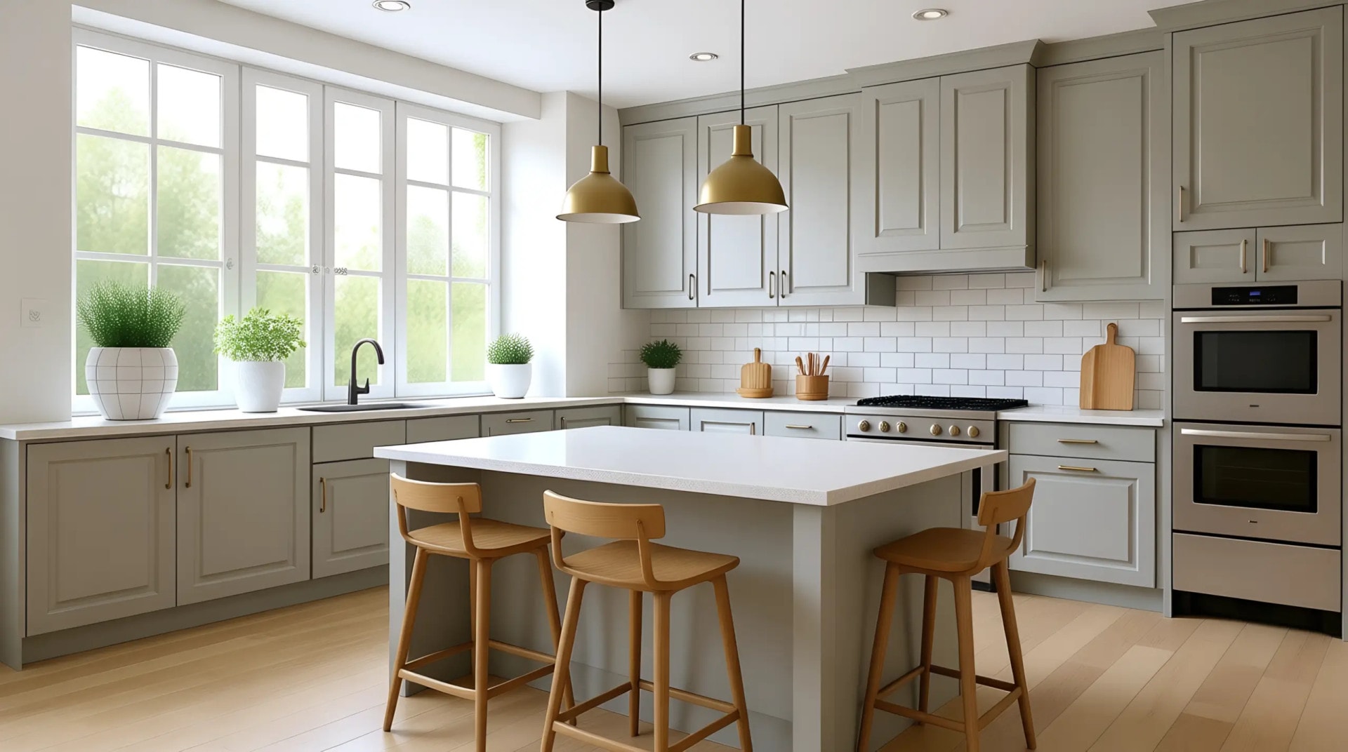 AI-generated: a classic Shaker kitchen with marble countertops with a marble-top island with seating. Integrated appliances. Plants on vase by a large window