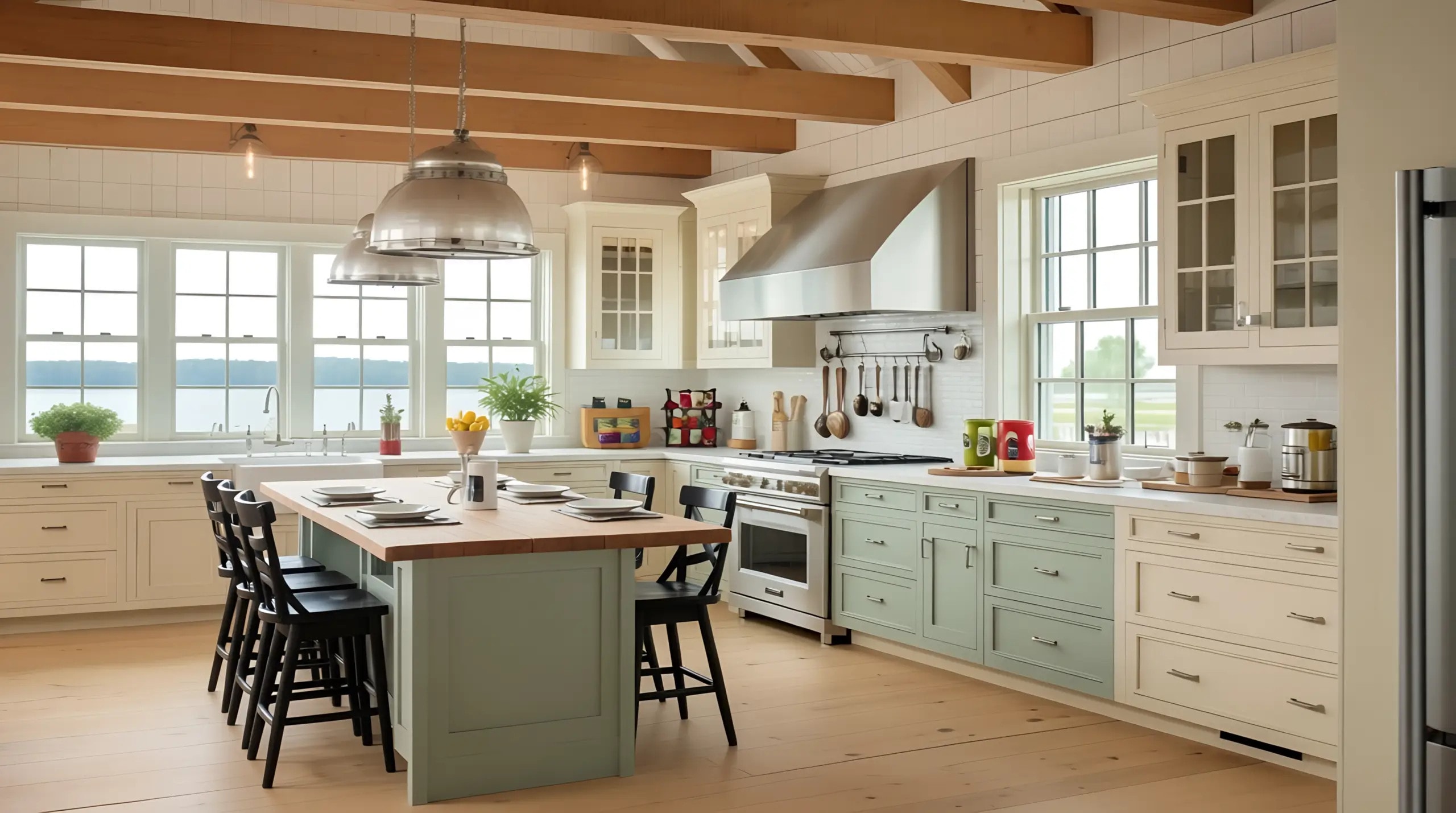 AI-generated Timeless Kitchen Design. A kitchen featuring warm vibe with green and cream cabinets and marble countertop. A wooden island with seating.