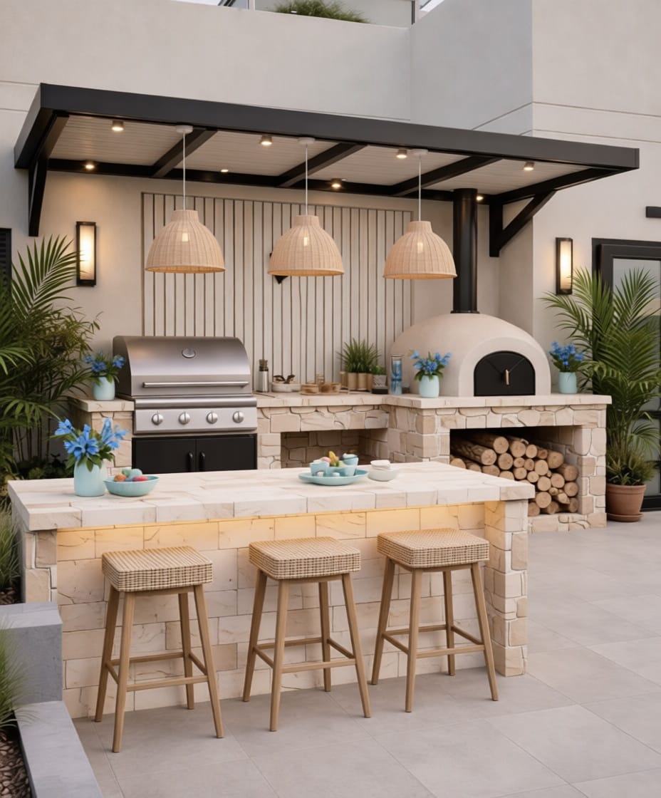 White covered outdoor kitchen with built-in pizza oven, grill station, stone island, and bar seating under warm pendant lighting