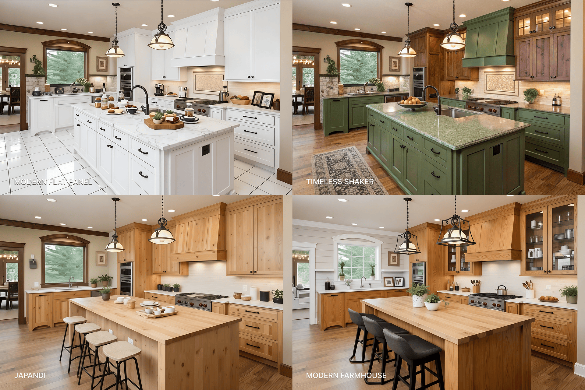 A four-panel style comparison showing the same kitchen layout in four different style directions: Timeless Shaker, Modern flat-panel, Modern Farmhouse, and Japandi. AI-generated with DecorAI