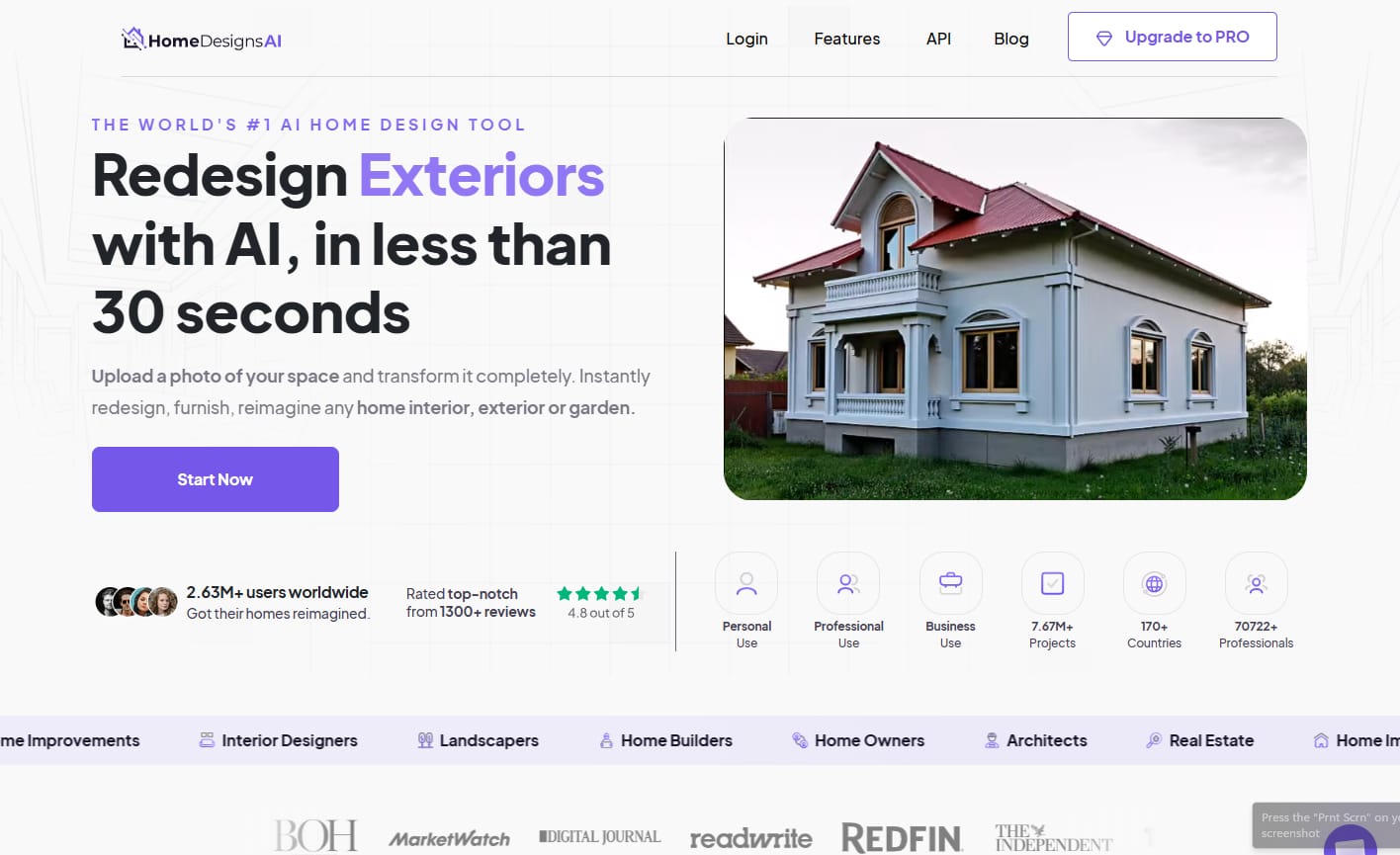 HomeDesigns.AI landing page showing a navbar with menus and CTA, a hero section with heading, subheading, an image of a house exterior, icons, company logos