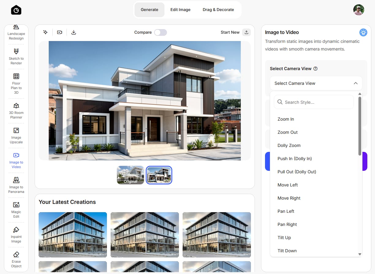 DecorAI's image to video tool shows an exterior of a residential duplex building in the middle, tools on the left, a dropdown showing camera views on the right and an image gallery on the bottom of the center.