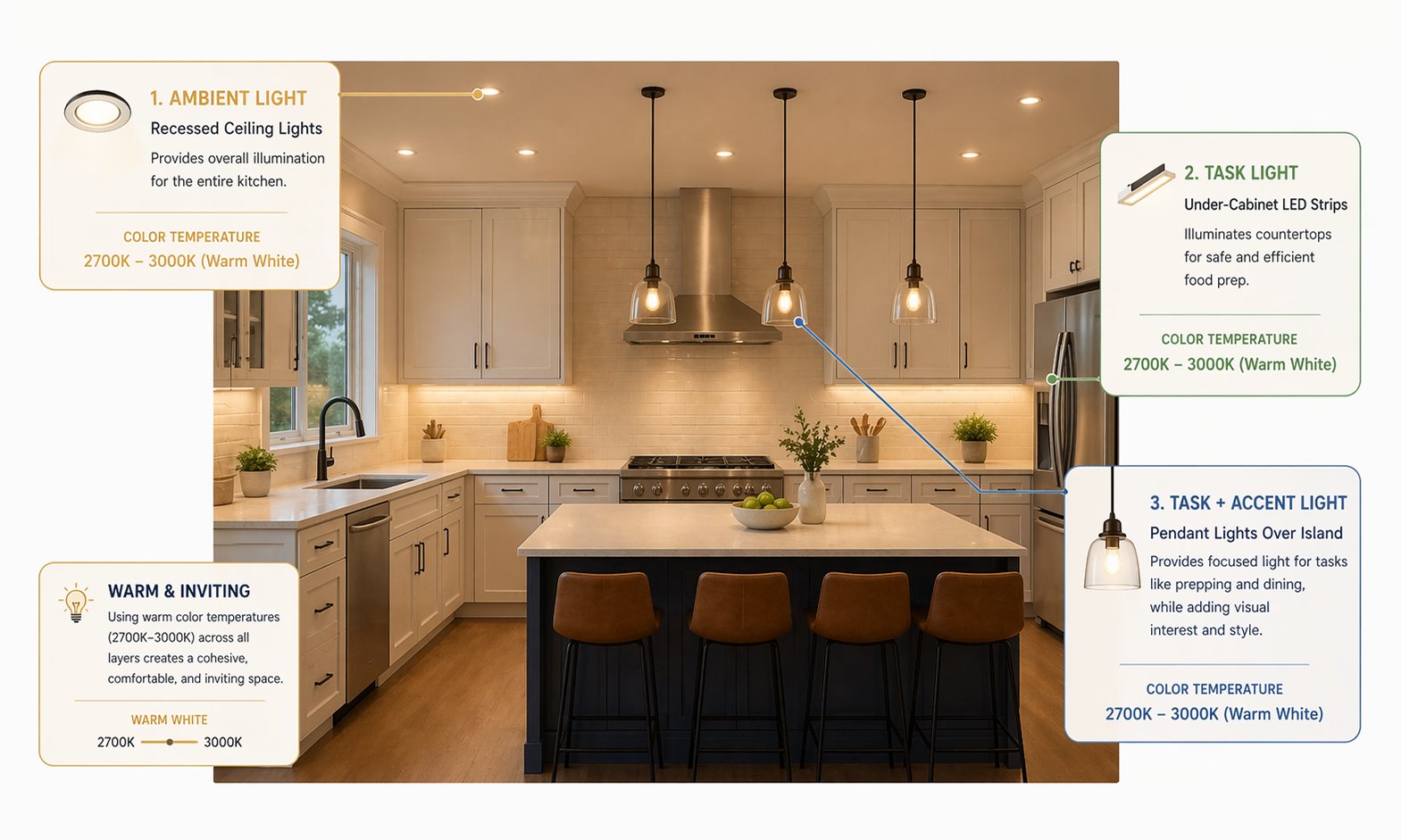 AI-generated: A kitchen lighting diagram showing the three layers in practice: recessed ceiling lights for ambient, under-cabinet strips for task, and pendant lights over the island for combined task and accent, with warm bulb color temperatures throughout