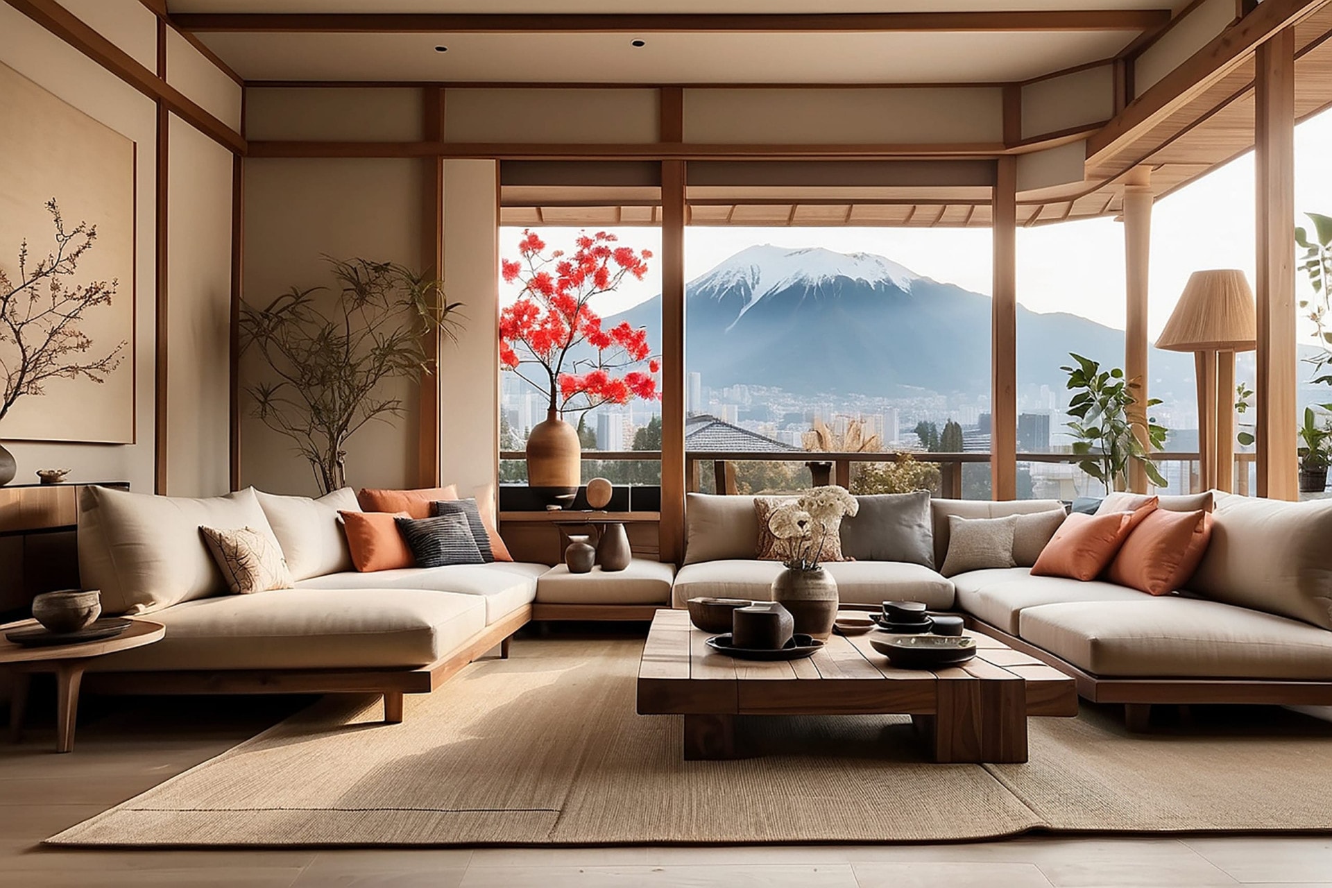 AI-generated Japandi living room with low cream sectional sofa, wood coffee table, and mountain view