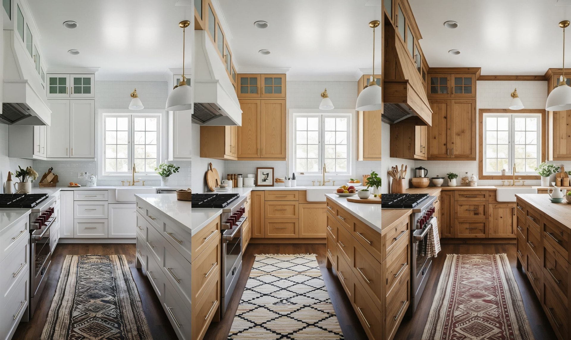 AI-generated: a three-panel comparison showing the same kitchen space redesigned in three modern sub-styles: All-white Modern, Japandi, and Modern Farmhouse