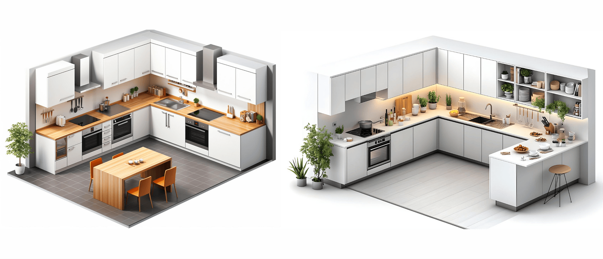 AI-generated overhead layout of kitchens- open-plan with island on the left and modular on the right