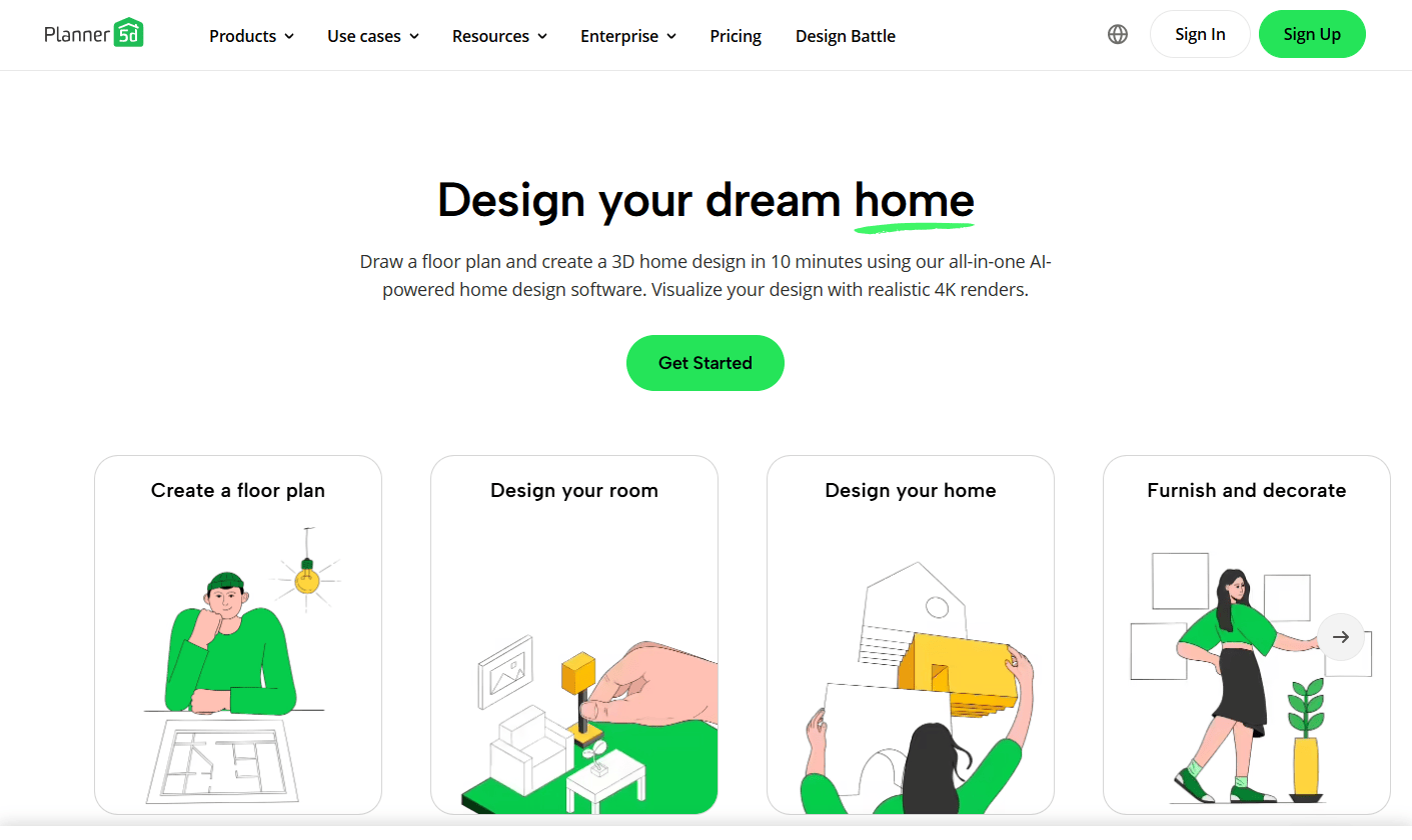Planner 5D landing page screenshot showing a navbar with logo, menu items, CTA. A hero section with heading and a subheading with a CTA, An image slider showing cartoon illustration of persons and objects