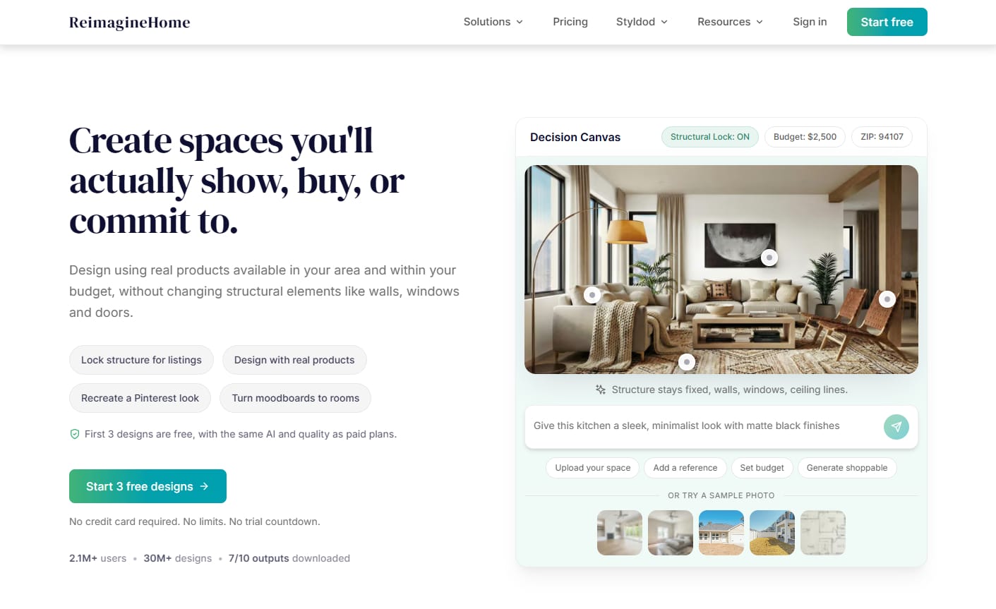 Reimagin AI landing page screenshot showing navbar with CTA and menus, hero section with heading, CTA, and decision canvas interface