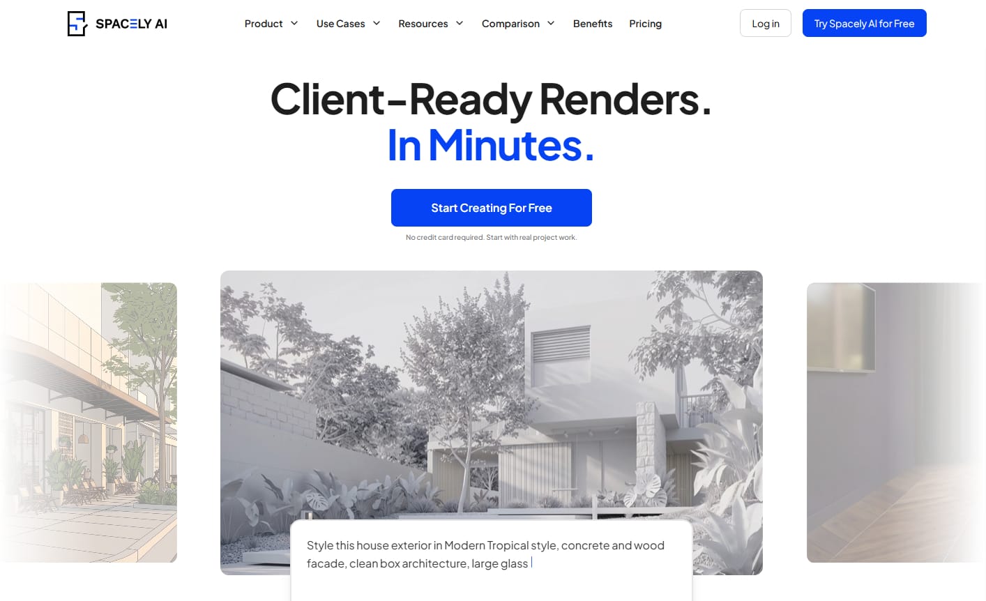 Spacely AI landing page screenshot showing a navbar with logo, menu, and cta buttons, image slider on the hero section