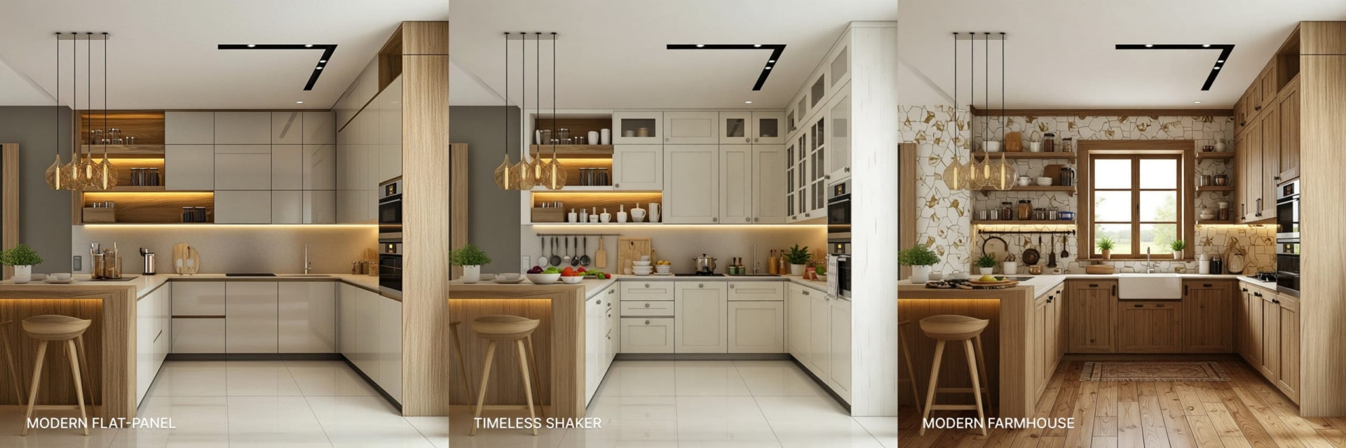 A three-panel comparison showing the same kitchen in three different design directions: a modern flat-panel direction, a Shaker timeless direction, and a farmhouse direction. AI-generated with DecorAI