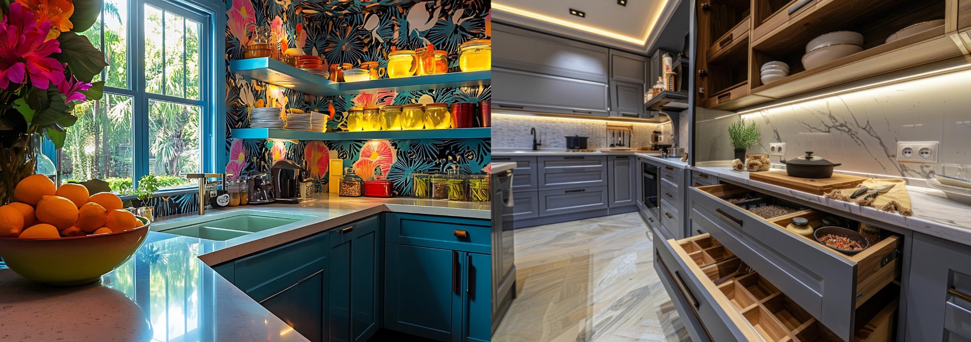 AI-generated: a split image showing a trendy kitchen on the left (all-open shelving, heavy patterned tile, glossy surfaces) and a timeless kitchen on the right (Shaker cabinets, natural stone, selective open shelving as accent)